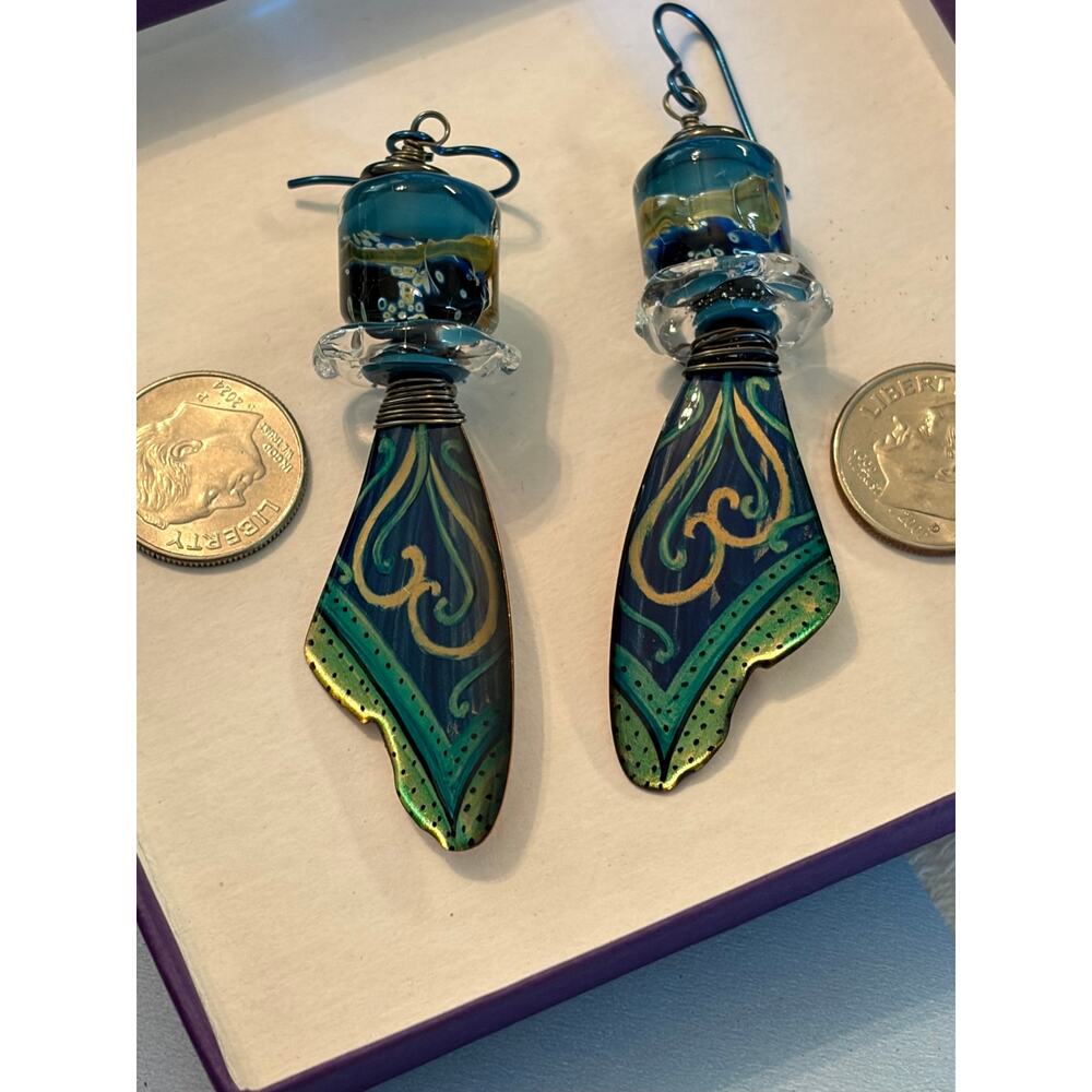 Artisan Mixed Media Dangle Earrings Handcrafted Lampwork Glass & Peacock Palette - Picture 5 of 6